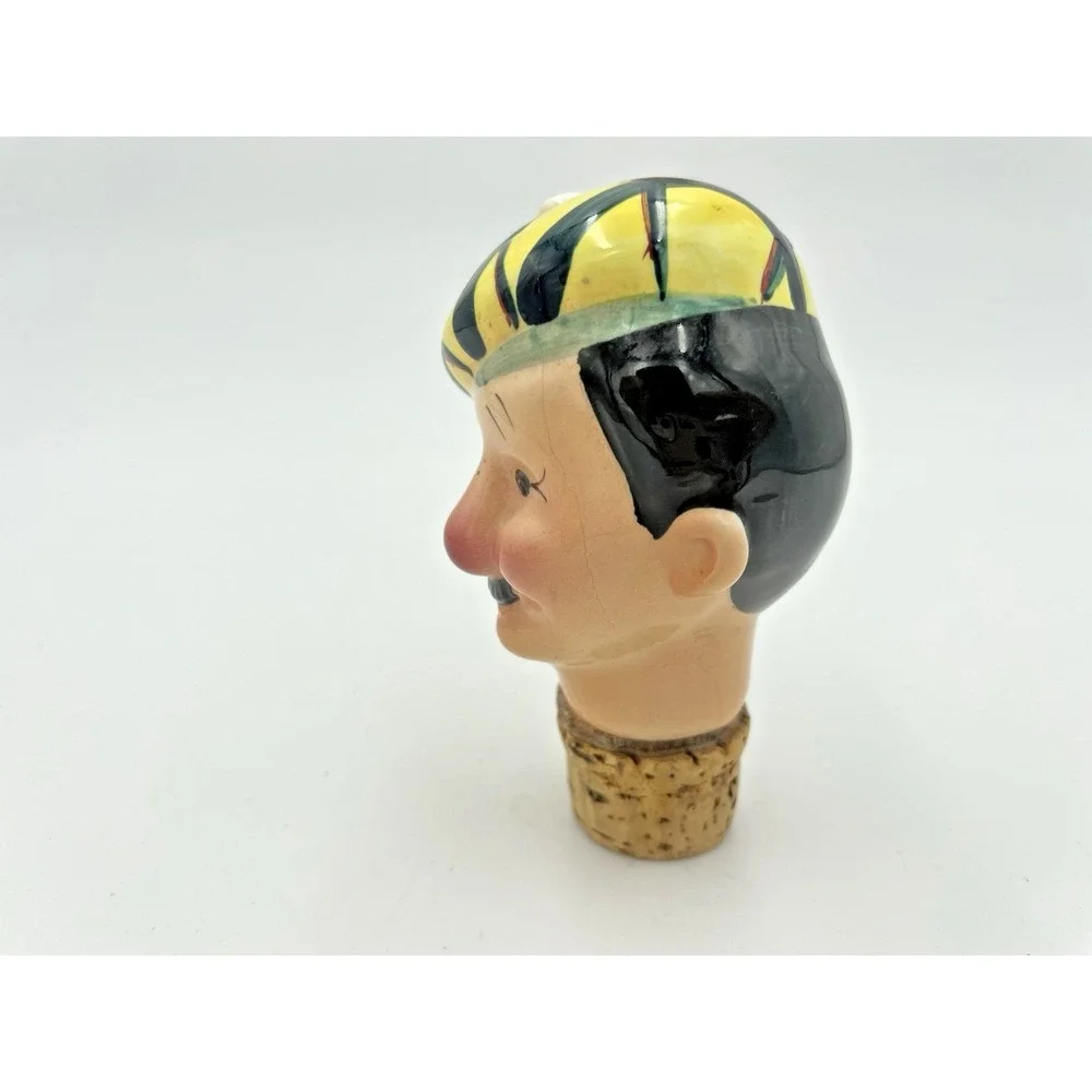 Vintage Man w/Yellow Golf Hat Ceramic Cork Liquor Bottle Stopper‎ Wine Pourer